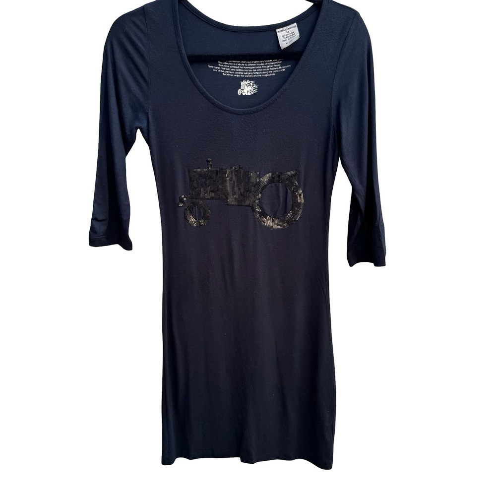 Moods of Norway Quirky Sequin Tractor Farm Tunic Mini Dress 3/4 Sleeve Kitschy M